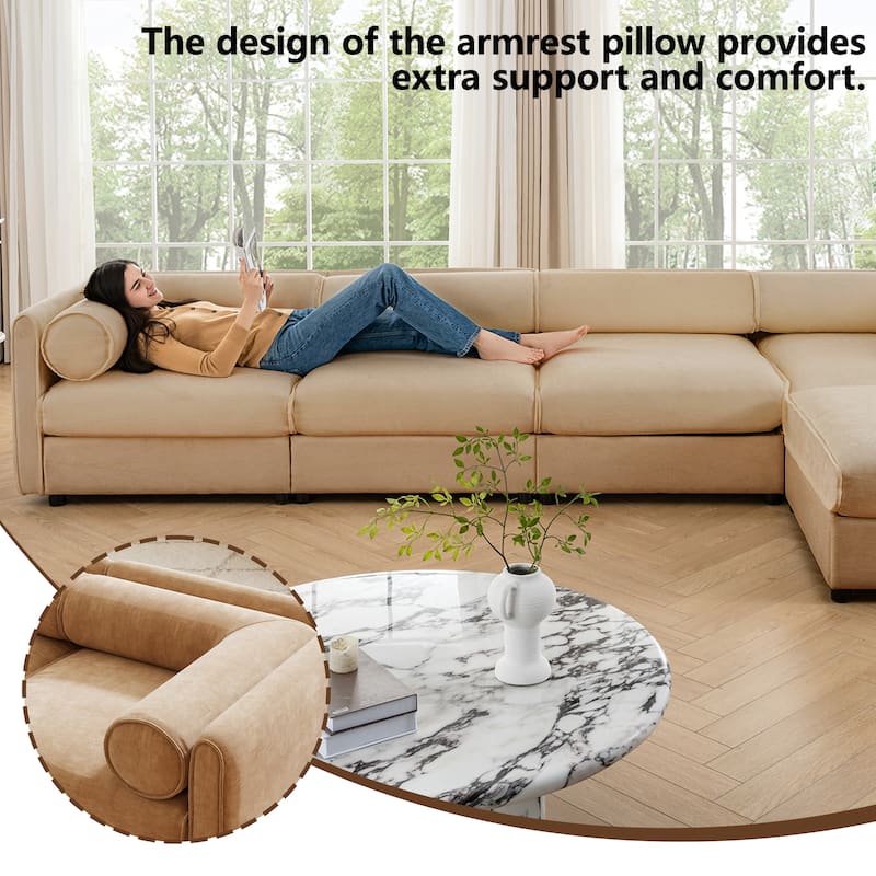 Chenille L-Shaped Sofa with Storage, 3-Seater Couch with Ottoman, Cylindrical Backrests & Armrests, Modern Modular Sofa