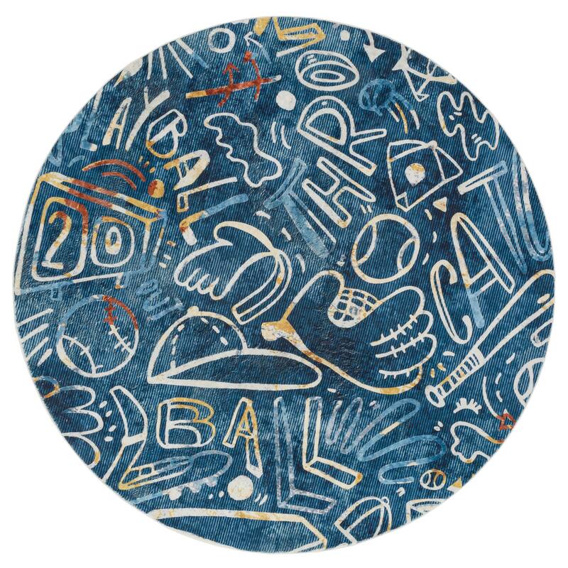 Katie Merz SPORTSGLYPHS Baseball Area Rug - 6' Round - Blue