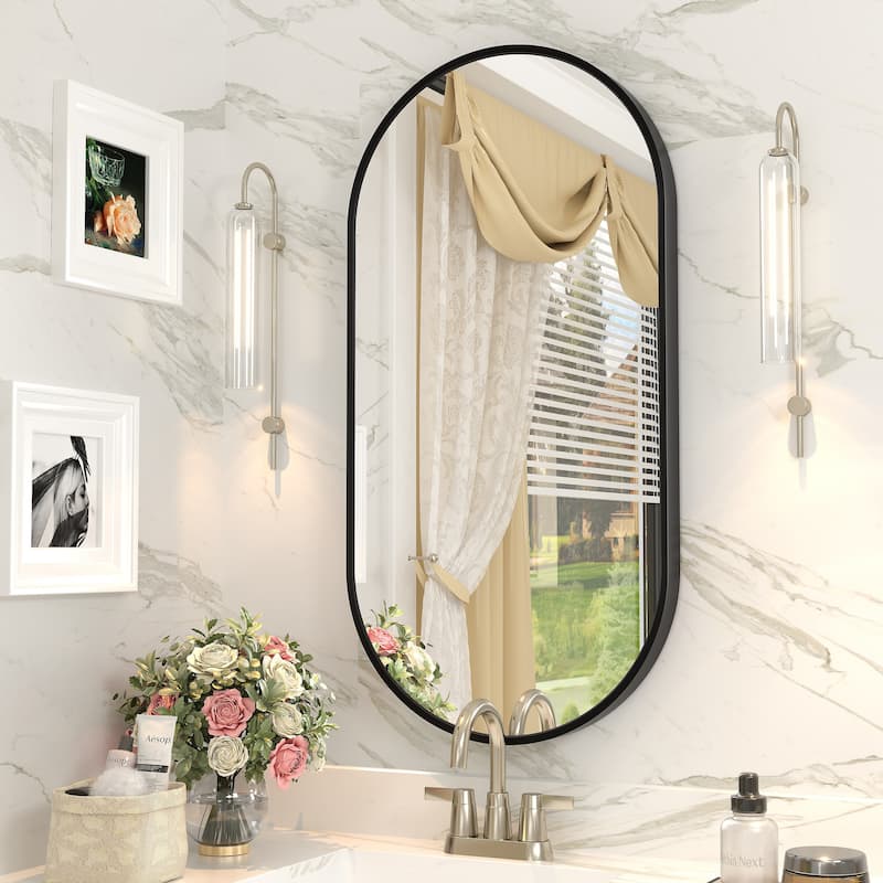 5-Year Warranty Aluminum Alloy Framed French Cleat Mounted Oval Wall Decor Bathroom Vanity Mirror - 40" x 20" - Black
