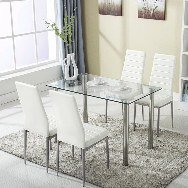 Glass dining table with leather chairs sales