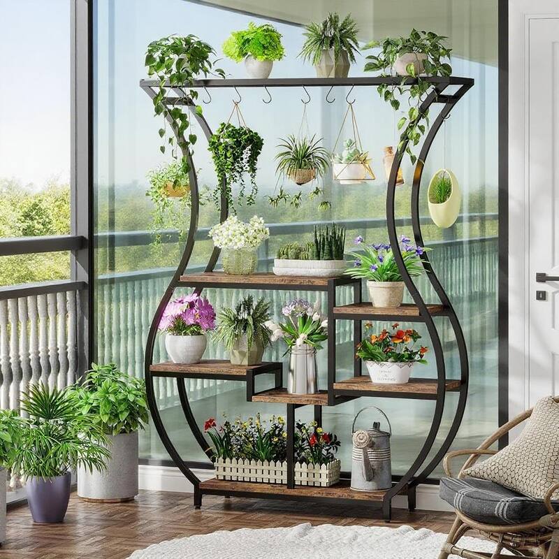 Black-Brown Metal and Particle Board Ladder Plant Stand with Hooks - 47.24” x 11.81” x 70.87”