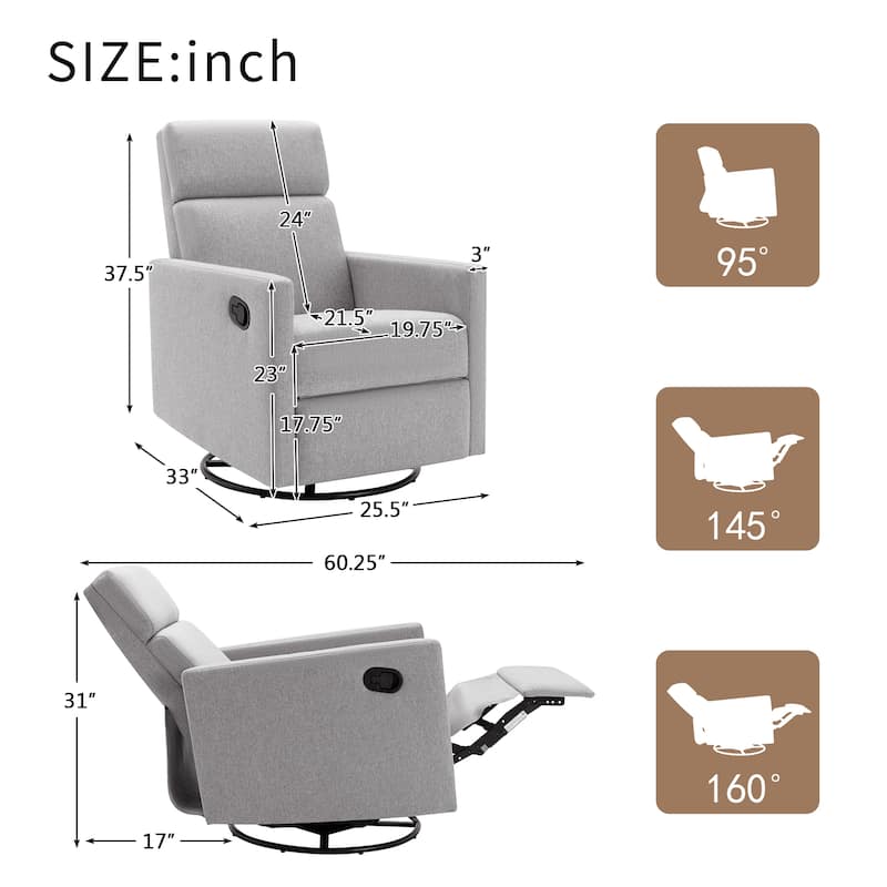 Modern Upholstered Rocker Nursery Chair Plush Seating Glider Swivel Recliner Chair,