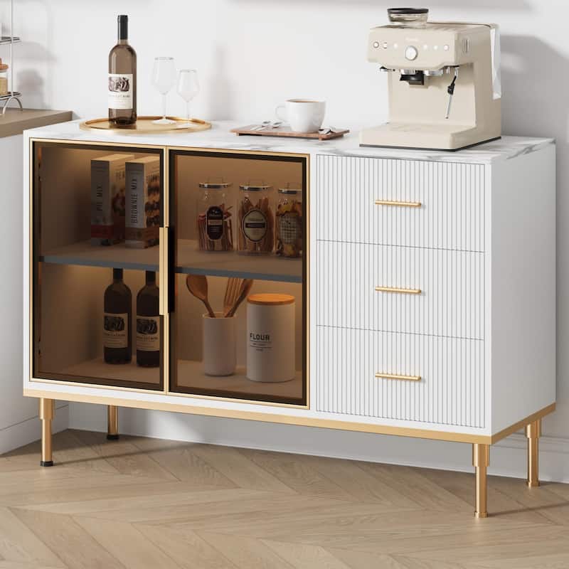 Fluted Sideboards Buffets Cabinet with Glass Doors, 3 Drawers, Marble Top Kitchen Sideboard Cabinet