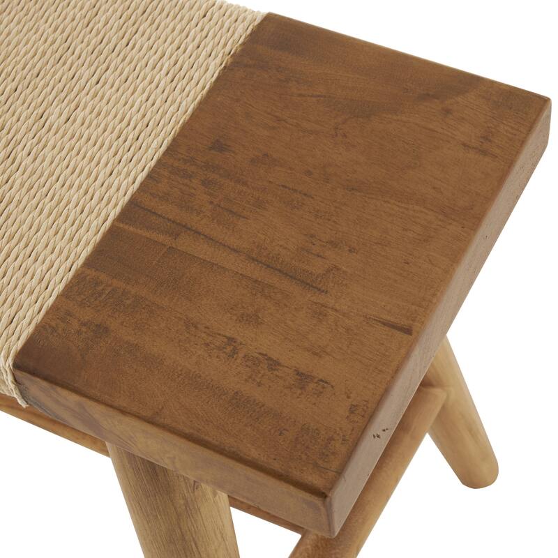 Brown Wood Handmade Traditional Home Bench with Rope Wrapped Seat