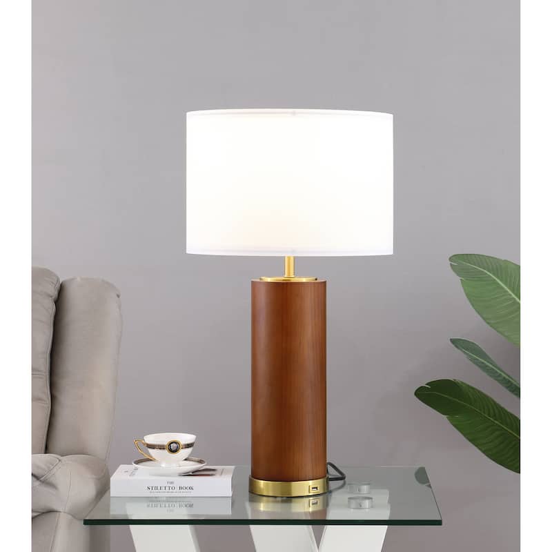 Aziel 28-inch Drum Shade Wood Frame Table Lamp Cappuccino
