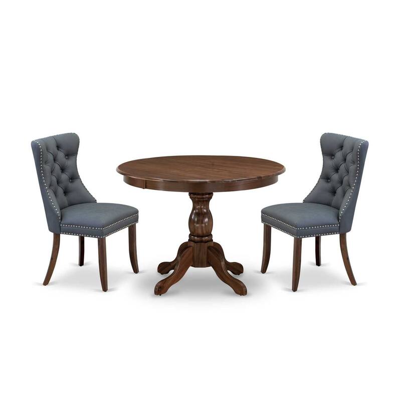 3-Piece Antique Walnut Finish Solid Wood Top-Round Dining Room Set-Seats 4