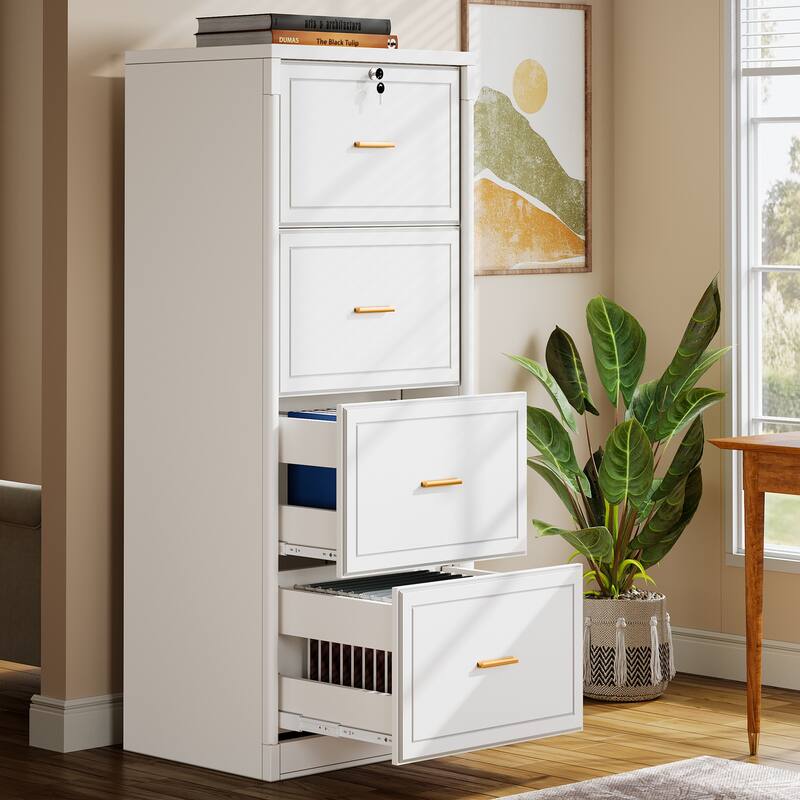 4-Drawer File Cabinet with Lock and Key, Vertical Wooden Filling Cabinet for A4/Letter/Legal Size Files - 1-PC (White)