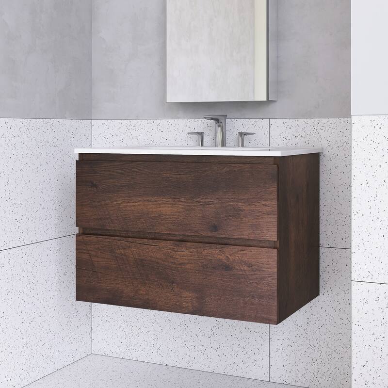 Floating Integrated Bathroom Vanity with Ceramic Sink, Three Faucet Holes