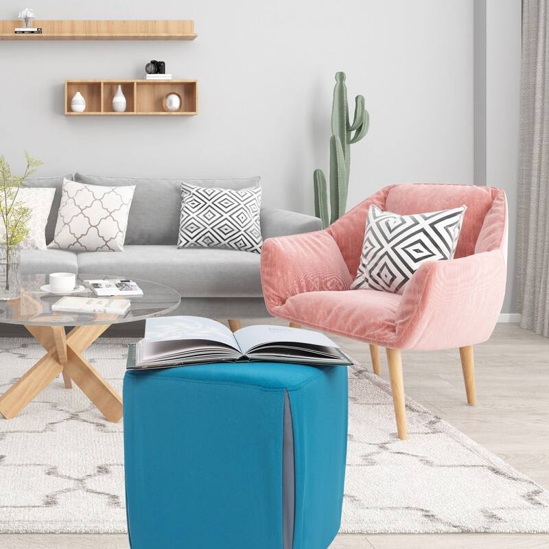 Adeco 14" Small Ottoman Footrest Stool- Velvet Seating Stool Ottoman - Blue