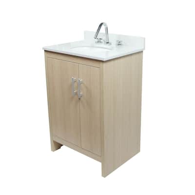 25" Single Vanity In Neutral Finish Top With White Quartz And Oval Sink