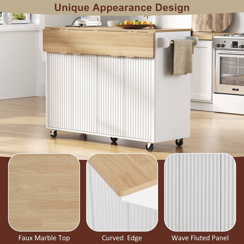 55.5" Fluted Kitchen Island with 2 Drop Leaf, Kitchen Storage Cart with Power Outlet, 4 Doors, Spice rack, Rolling Island Table