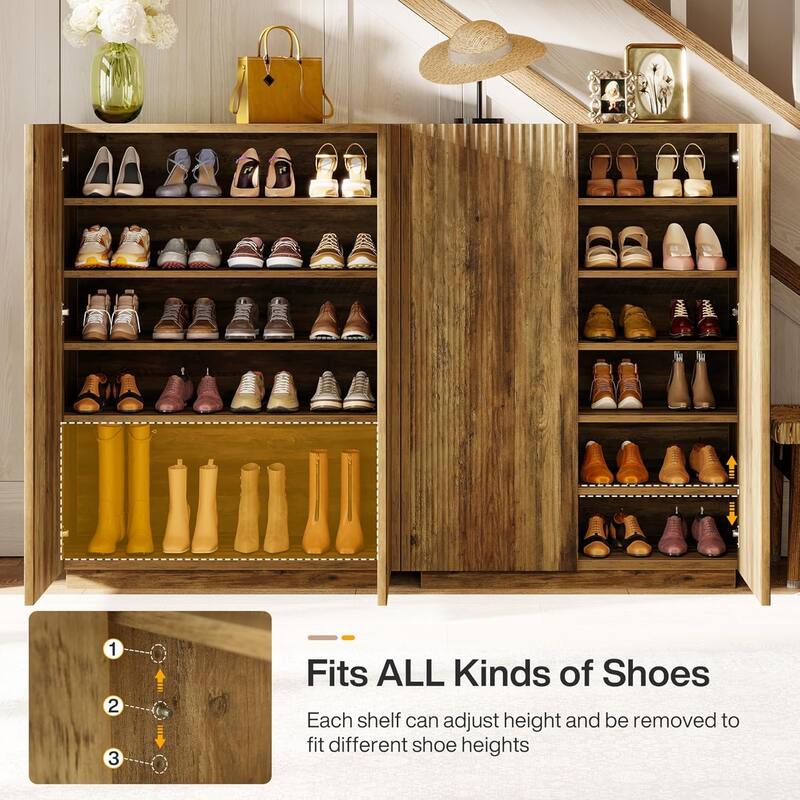 7-Tier Shoe Cabinet with Fluted Doors, 24 Pairs Farmhouse Wooden Shoe Storage Organizer with Adjustable Shelves