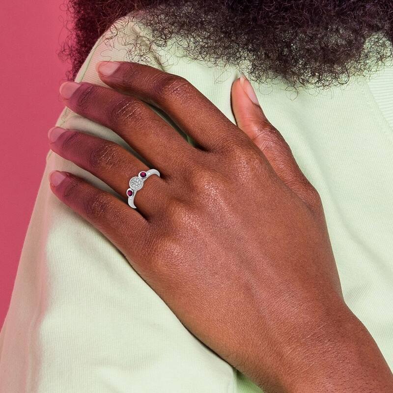 Curata 925 Sterling Silver Bezel Polished Prong set Stackable Expressions Db Round Cr. Ruby and Dia. Ring