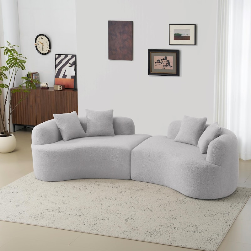 Curved Four-Seater Sofa - White Full Compression Sponge with Teddy Velvet Fabric
