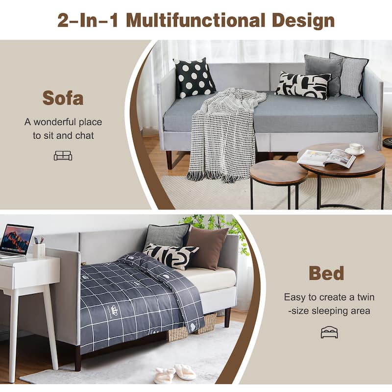 Costway Twin Daybed Upholstered Linen Wooden Sofa Bed Frame Heavy Duty
