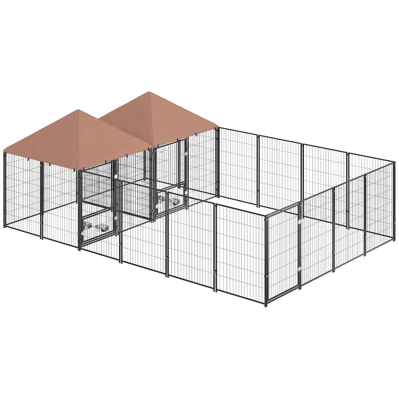 PawHut Dog Kennel Outside with 2 Rooms, Large Outdoor Dog Kennel with Rotating & Adjustable Height Bowls, 13.5' x 9.4' x 5.1' - Coffee