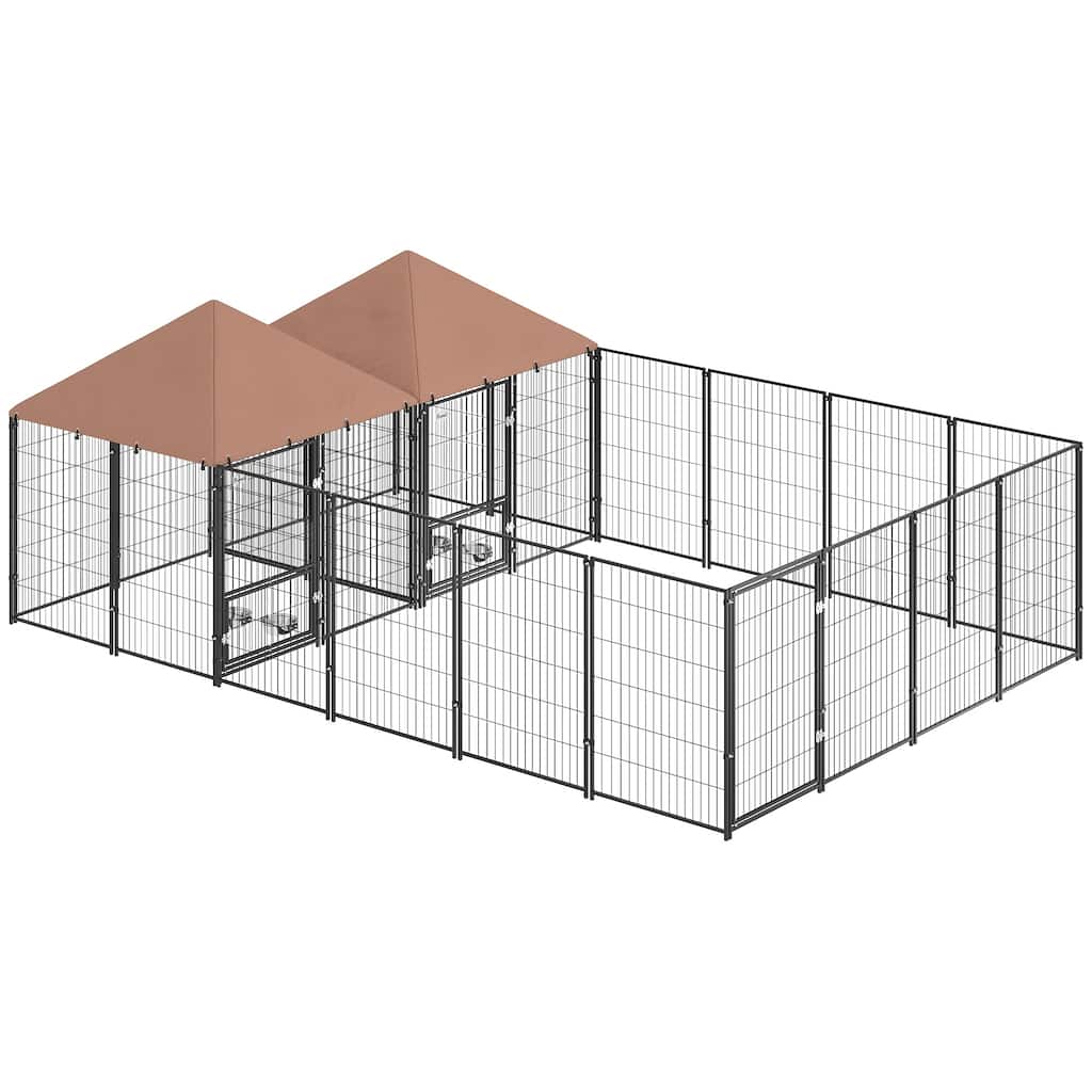 PawHut Dog Kennel Outside with 2 Rooms, Large Outdoor Dog Kennel with Rotating & Adjustable Height Bowls, 13.5' x 9.4' x 5.1'
