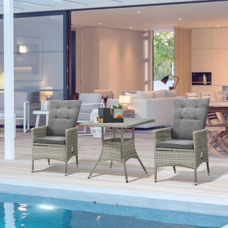 3-Piece PE Wicker Set, Tufted Reclining Chairs, Coffee Table, Outdoor