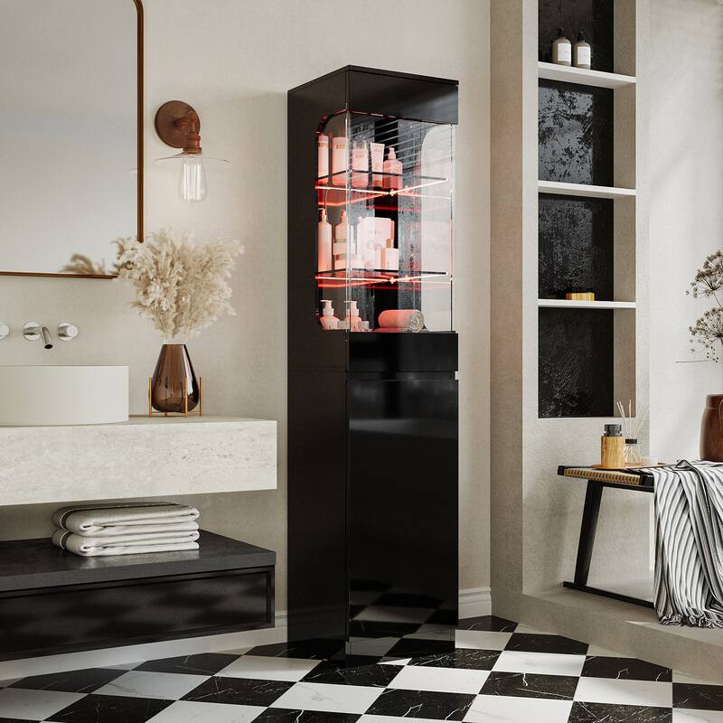70" Bathroom Cabinet with LED Lighting Black Floor Storage Cabinet