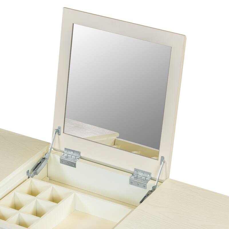 2-in-1 Makeup Vanity Writing Desk with Hidden Fold-Down Mirror & Cabinet, Computer Workstation Dressing Table Set with Stool