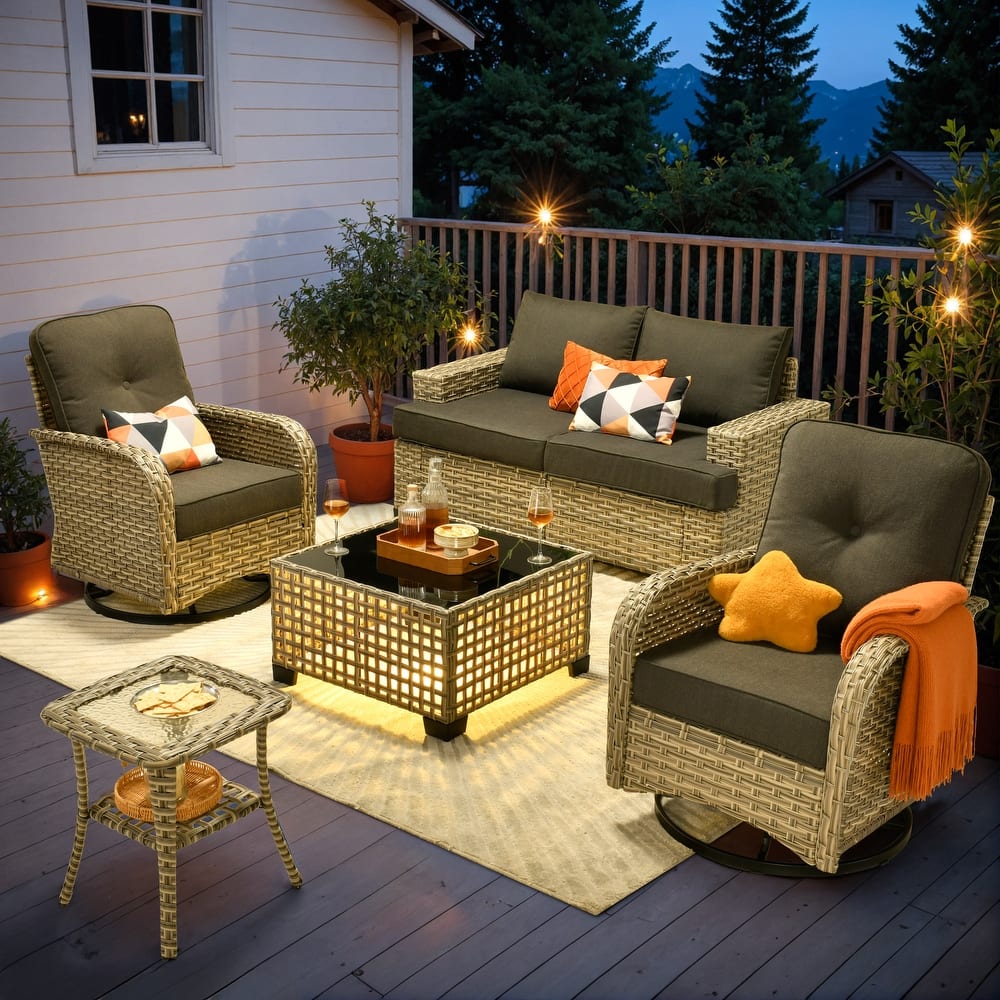 OVIOS 6 Pieces Wide Arm T shaped Seat Curved Swivel Chair Set With Solar-Powered Table