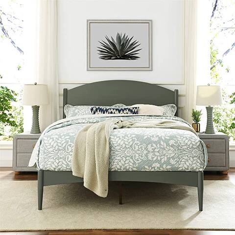 MUSEHOMEINC Mid Century Bed Frame with Modern Curve Headboard, Solid Wood Platform Bed with Strong Wood Slat Support