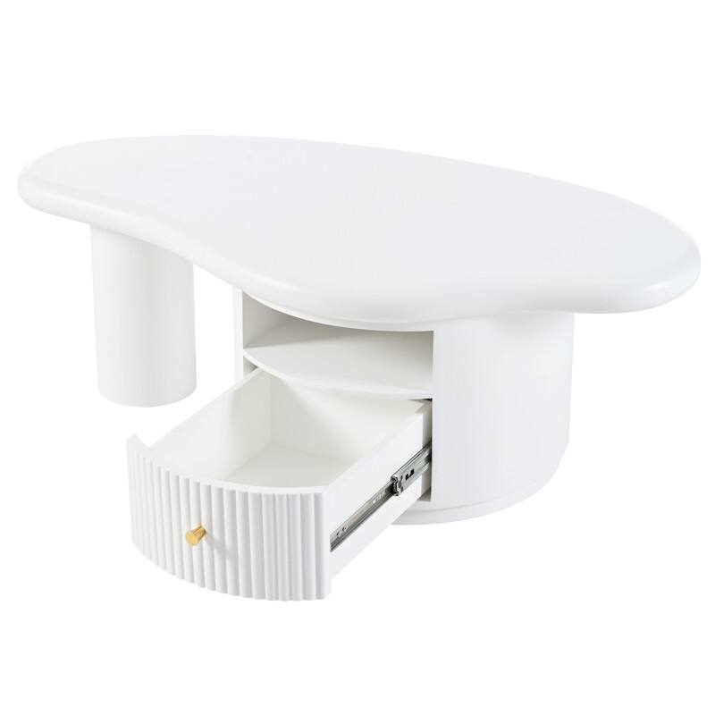 Cream Style Cloud-Shaped Coffee Table Set of 3, Irregular Design Cocktail End Table with Storage Drawer & 2 Small Stools