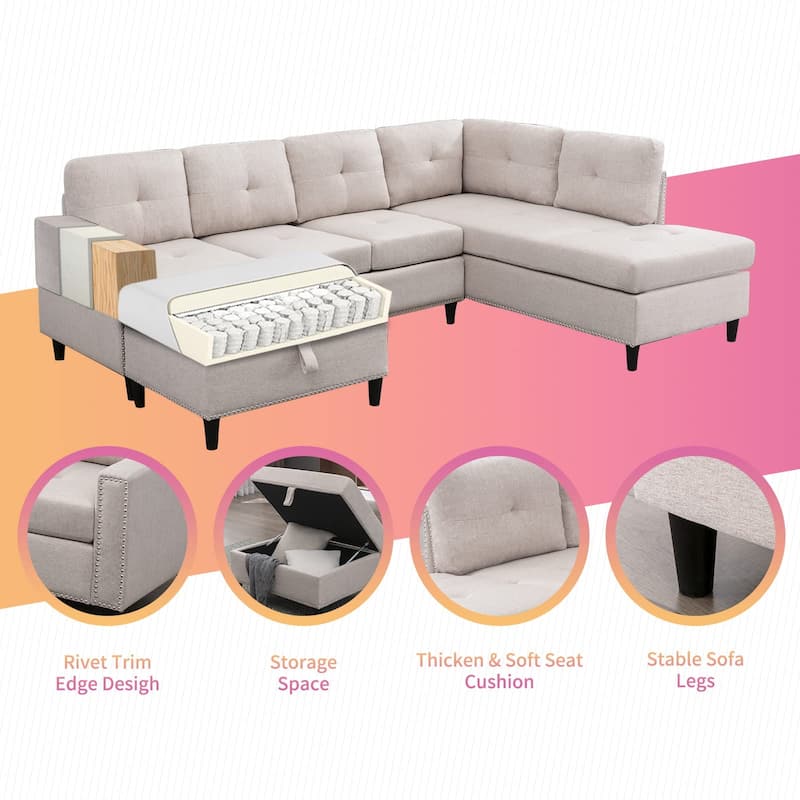 Mixoy LShaped Sectional Sofa with 2 Cup Holders,Storage Ottoman On