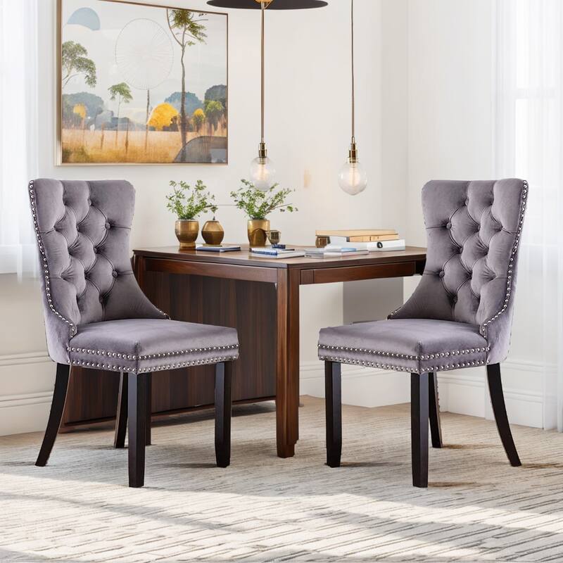 Set of 2 Velvet Dining Chairs – Tufted Upholstered Armless Accent Chairs with Nailhead Trim & Back Ring Pull - Dark Gray