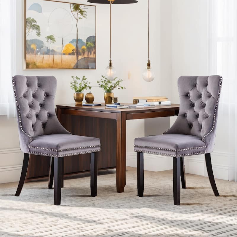Set of 2 Velvet Tufted Dining Chairs with Nailhead Trim and Ring Pull - Grey