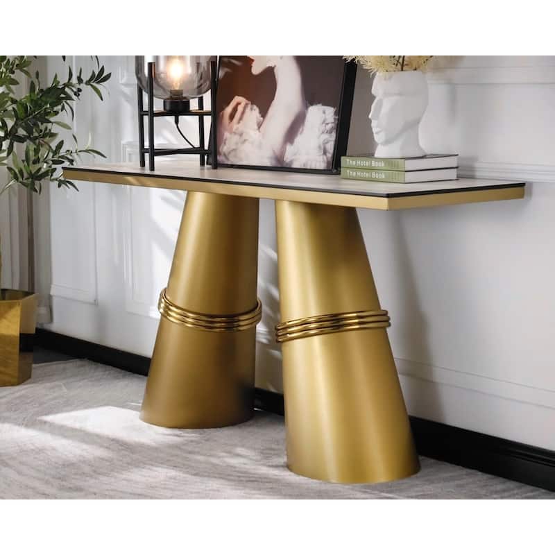 Glam 60 inch Rectangular Glass Console Table with Brushed Gold Stainless Steel Base - White