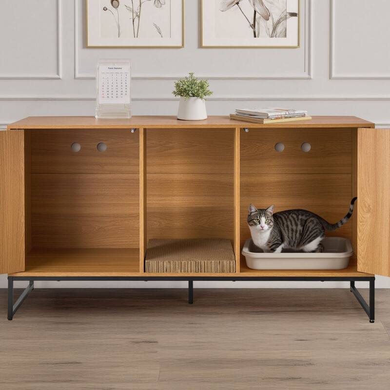 47.2" Natural Wooden Cat Litter Box Cabinet with Enclosed Odor Blocking and Spacious Interior - 47.24 x 17.72 x 26.18 in