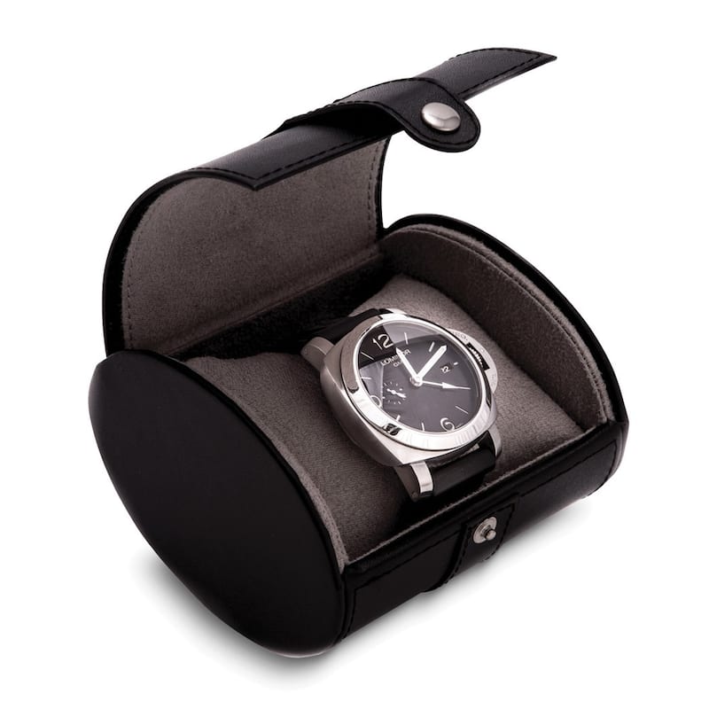 Curata Black Leather Velour Lined Snap Closure Single Watch Travel Case