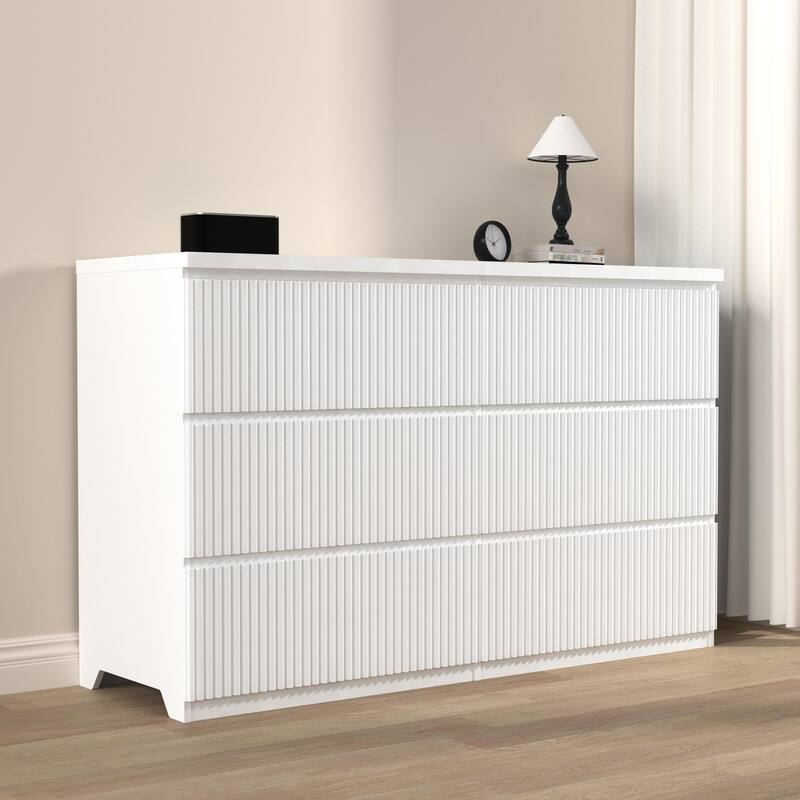 Modern 6-Drawer Wave-Patterned Dressing Table Handle-Less Storage Cabinets with Waterproof Countertop, for Bedroom