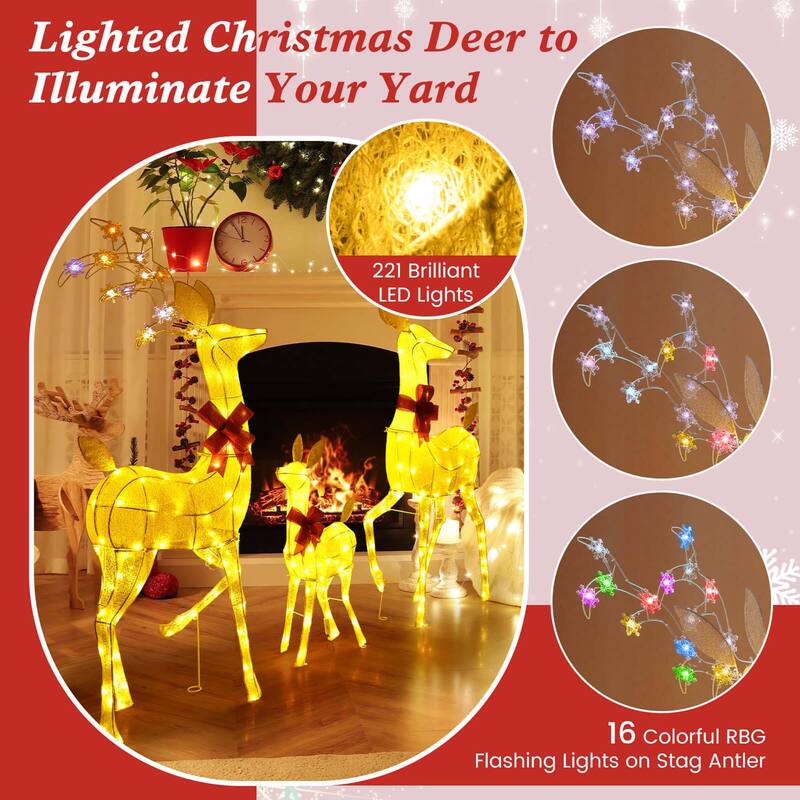 3 PCS Christmas Lighted Reindeer Family Set Light up Christmas Décor - Multi