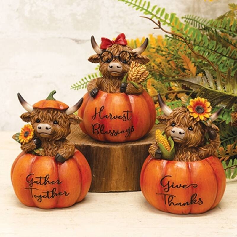 Fall Pumpkin Figurines with Highland Resin Cows Carved Seasonal Home Decoration 3 Asstd. - 5.5”H x 4”Dia
