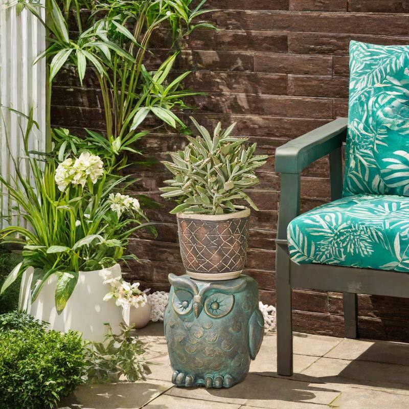 Roomfitters Owl Garden Stool, Weather-Resistant Lightweight Concrete Decorative Accent Table, Antique Green