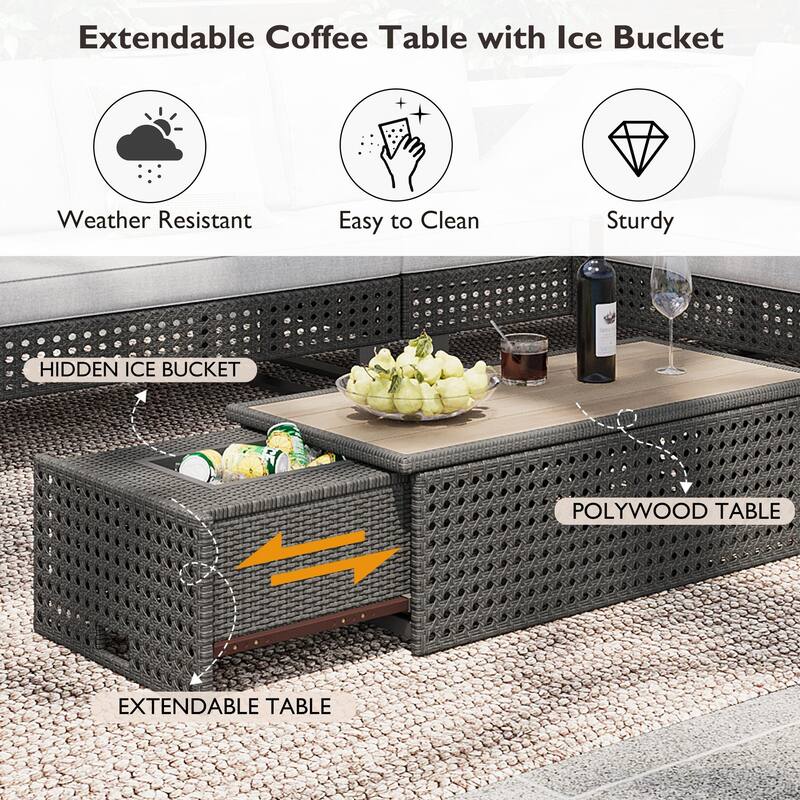 Outdoor 6-Piece Rattan Sectional Sofa Set with Adjustable Seat & Ice Bucket Table