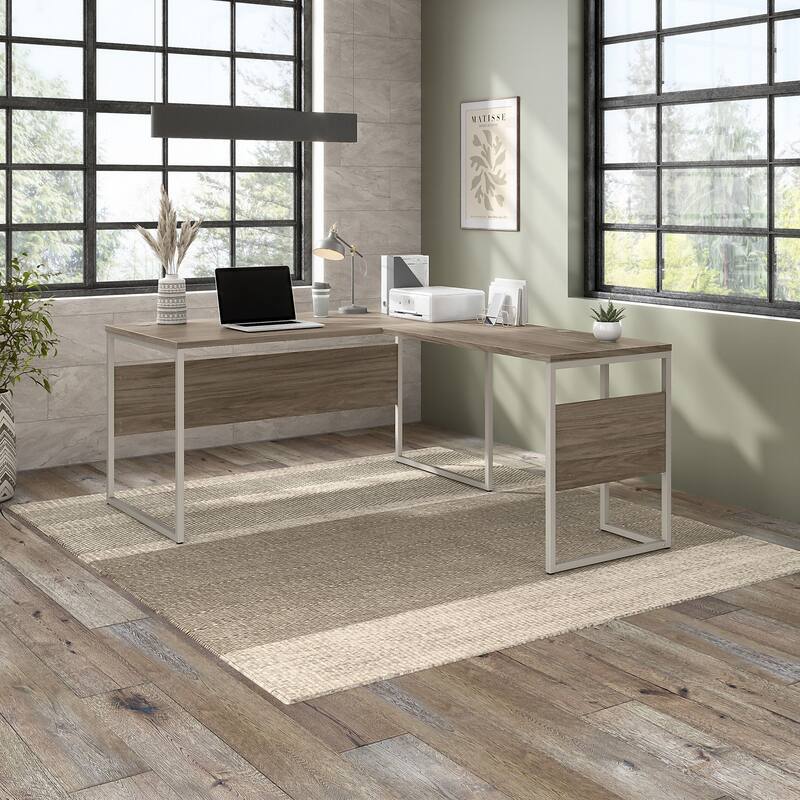 Hybrid 60W x 30D L Shaped Table Desk by Bush Business Furniture - Modern Hickory
