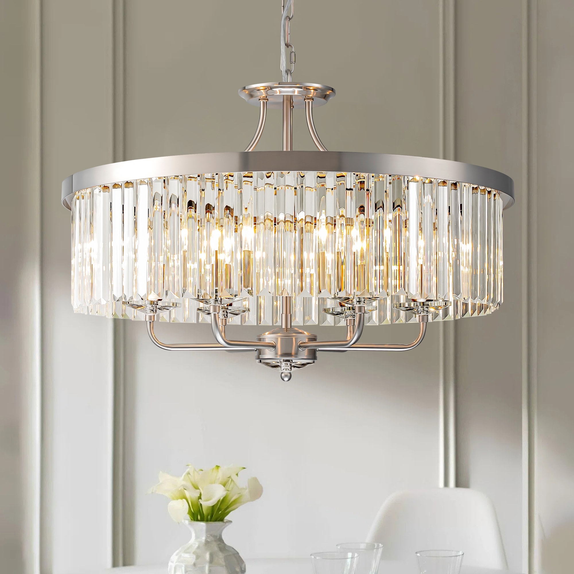 6-Light Modern Glam Nickel Drum Cage Crystal Round Chandelier/Pendant Light - 23.62 in. W x 16.92 in. H