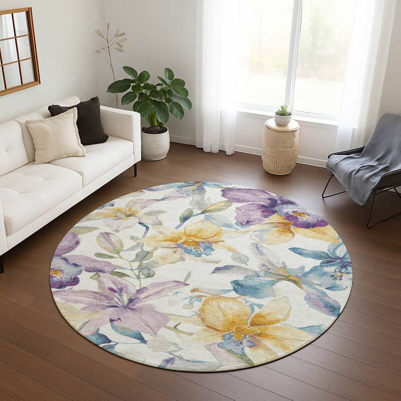 Machine Washable Indoor/ Outdoor Modern Floral Chantille Rug
