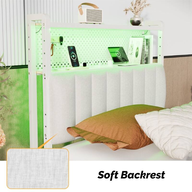Adjustable Upholstered Headboard with 2 Tier Shelves with Charging Stations and LED Lights, Modern Bed Headboard with Storage