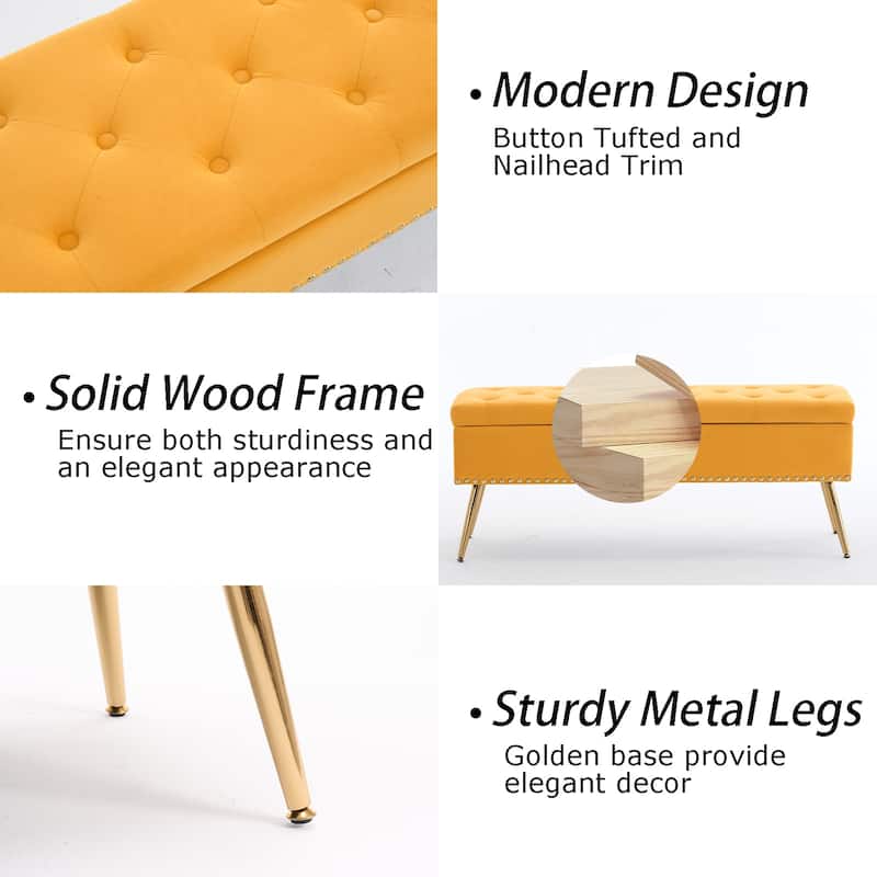 Velvet Storage Ottoman Bench with gold legs and Nailhead Trim for Bedroom/End of Bed/Entryway/Window