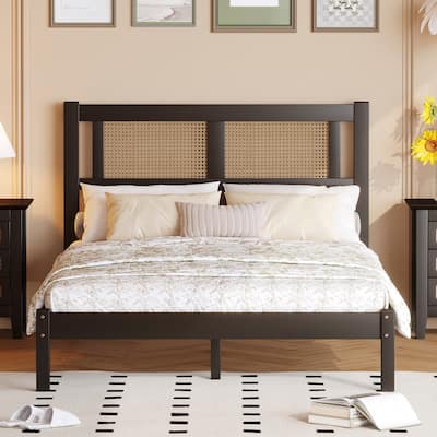 Roomfitters Full Size Wooden Platform Bed with Natural Rattan Headboard, Minimalist Elegance with a Touch of Rustic Charm