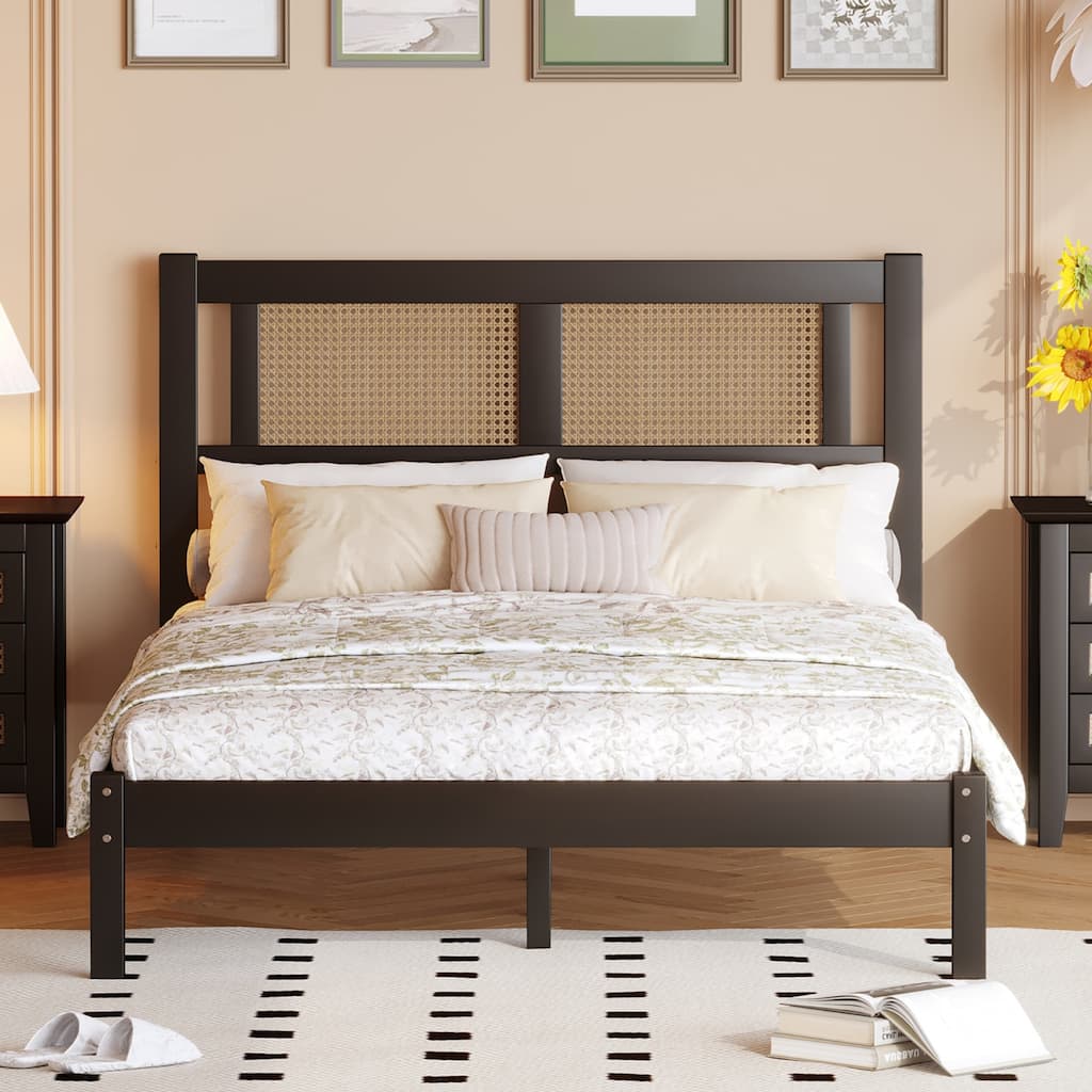 Wooden Bed Frame with Natural Rattan Headboard, Bohemian Platform Bed Frames w/Wooden Slats Support, No Box Spring Needed