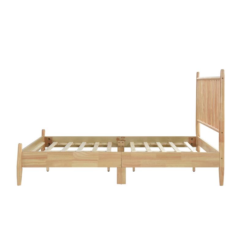 Mid-Century Modern Queen Platform Bed with Vertical Slats Headboard, Natural Finish Wooden Bedroom Furniture
