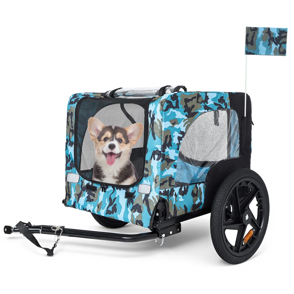 Anmytek Pet Bike Trailer Carrier for up to 88lbs, Blue Camouflage Pet Cycling Travel Trailer Outdoor