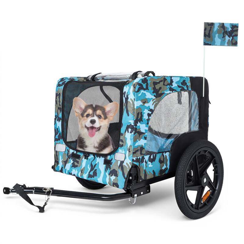 Outdoor Heavy Duty Collapsible Pet Bike Trailer with 16-Inch All-Terrain Wheels & Universal Hitch, Foldable Dog Carrier Cart - Blue
