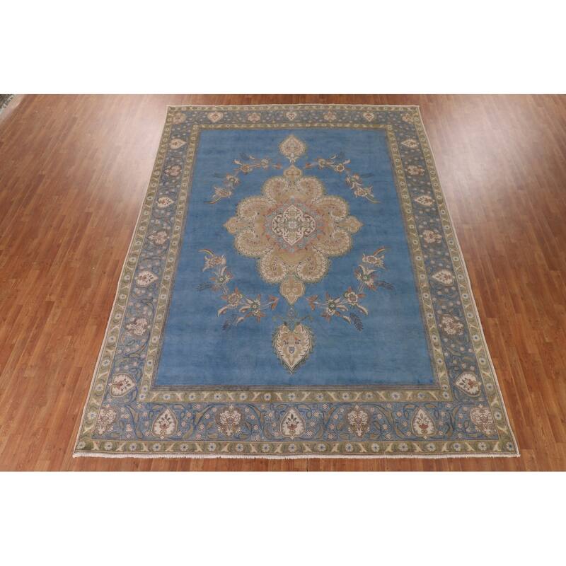 Over-Dyed Blue Tabriz Persian Vintage Rug Handmade Wool Carpet - 9'10"x 13'0"