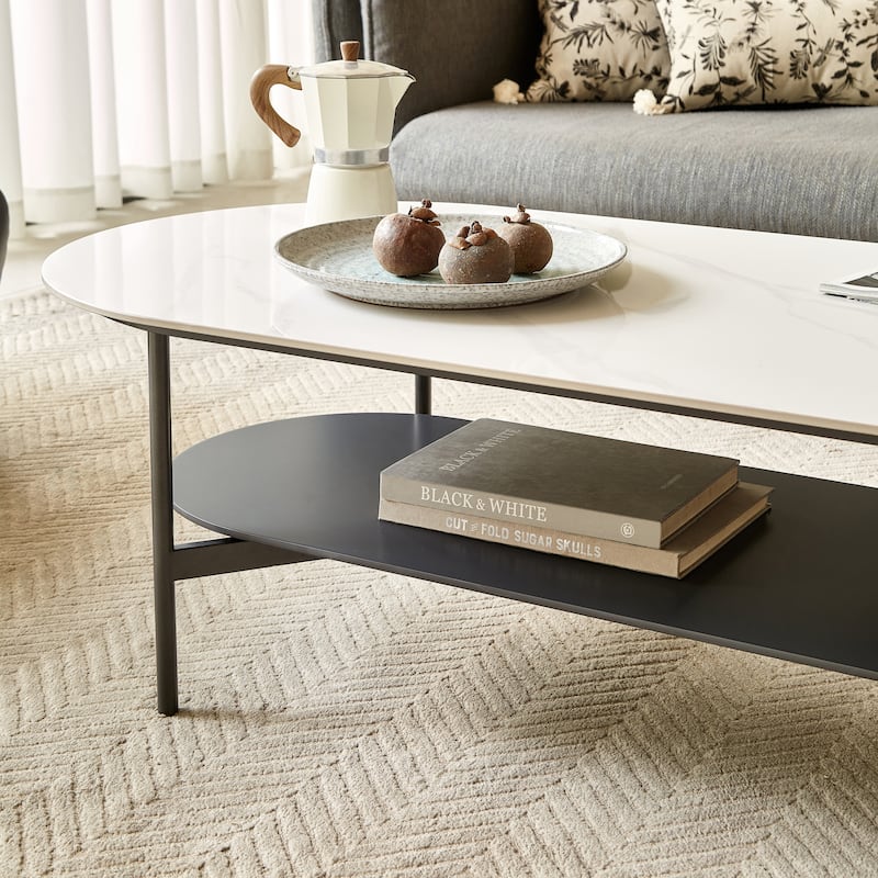 Oval Coffee Table with Bright Sintered Stone Top, 2-Tier Center Table with Metal Frame and Walnut finish Storage Shelf